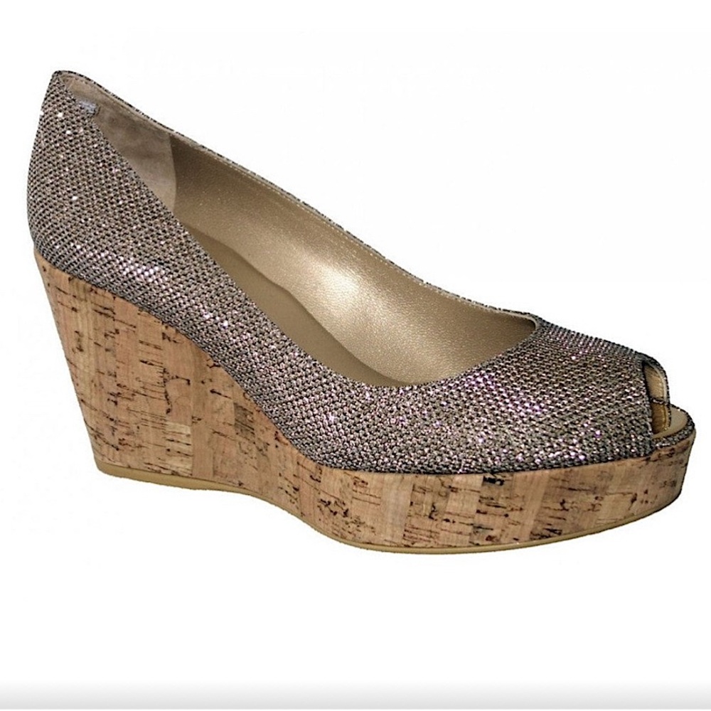 Stuart Weitzman Anna Sparkling Cork Wedges Silver Gold
